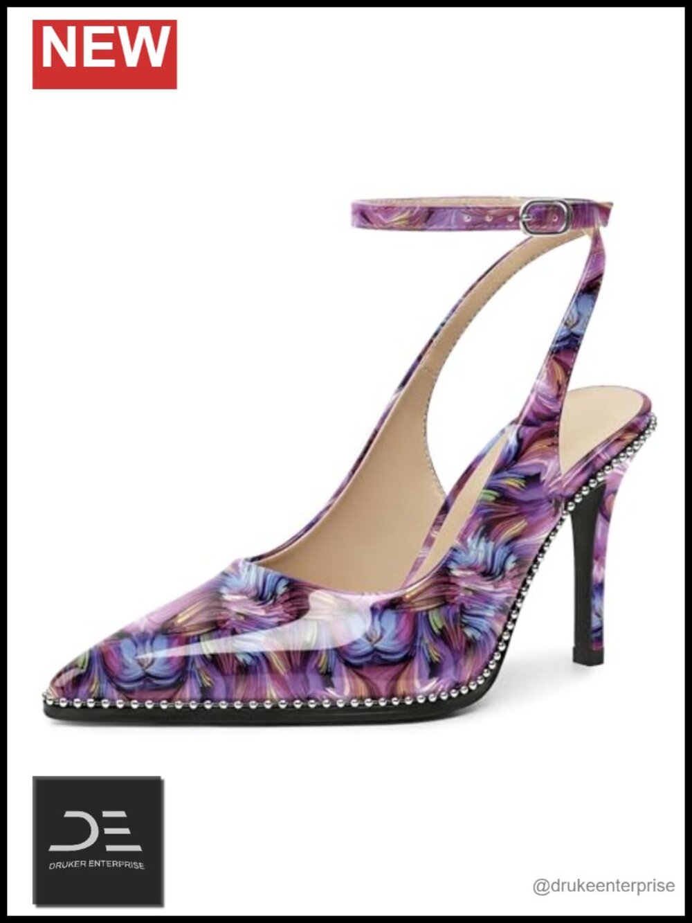 Slingback Heels Ankle Strap Pointed Toe Stiletto Pumps Patent Leather 3.5 Inch